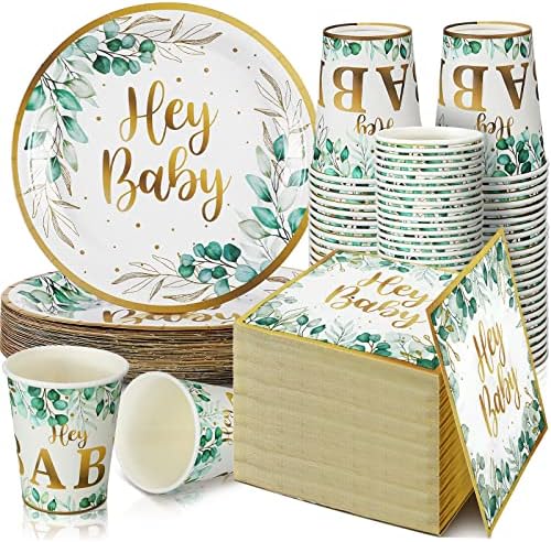 200 Pcs Sage Green Baby Shower Decorations, Eucalyptus Disposable Plates by Skylety