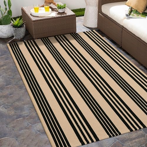 Striped Fall Outdoor Rug 4x6ft, Washable Cotton Hand Woven Patio Rug by Sungea