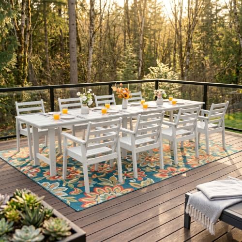 10-Piece Outdoor Dining Set, All-Weather HDPE Patio Furniture, Two 66.5" Slatted Table with 1.6" Umbrella Hole & 8 Ergonomic Armchairs, Heavy Duty 350lbs Capacity, UV Resistant, White - Image 2
