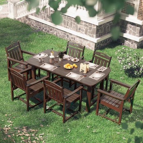 HDPE Outdoor Patio Dining Table with 2" Umbrella Hole, Brown - Image 2