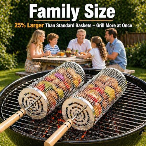 Rolling Grill Basket Set of 2, XL 304 Stainless Steel Grill Baskets for Outdoor Grill, Large BBQ Basket with Removable Wooden Handle for Vegetables, Fish, Wings, Shrimp and Camping - Image 2