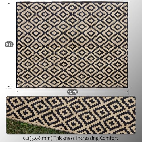 SAND MINE Waterproof Outdoor Rug 8x10 ft, Plastic Reversible Rug, Modern Area Rug, Large Floor Mat for Outdoors, RV, Patio, Backyard, Deck, Picnic, Beach, Camping, Black & Beige - Image 2