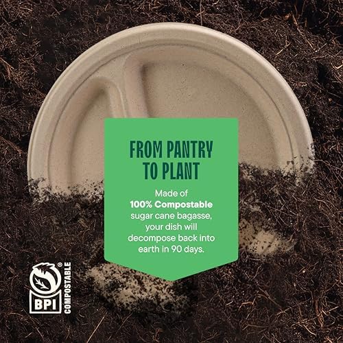 100% Compostable, 3 Compartment, Disposable Paper Plates [125-Pack] 9 Inch Heavy Duty Biodegradable Bagasse Sectional Lunch Trays + Dividers - Divided Platte Tray (PFAS Free) (BPA Certified) - Image 6