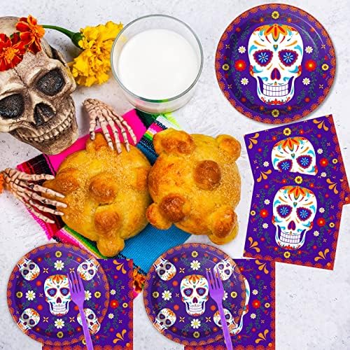 96 Pcs Day of The Dead Tableware Set Colorful Skull Marigold Decors Mexican Fiesta Theme Party Dessert Plates Napkins Forks for Day of The Dead Party 24 Guests - Image 7