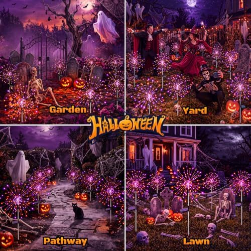 btfarm 2 Pack Solar Halloween Lights Outdoor, Orange Purple Firework Light - Image 6