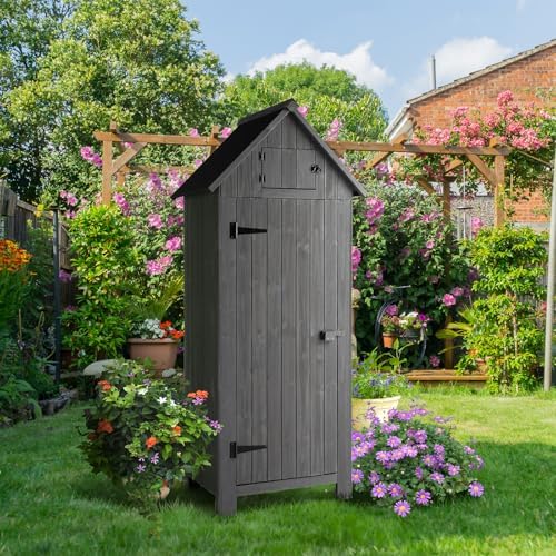 VINGLI Outdoor Wooden Storage Shed, Garden Shed Outside Tool Cabinet with Safety Latch, Patio Storage Organizer (Dark Grey) - Image 2