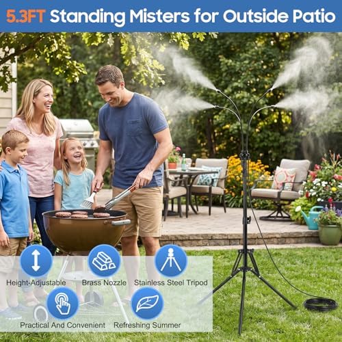 Gugxiom 5.3FT Standing Misters for Outside Patio, 26.5FT Water Supply Line & Adjustable Height & 5 Brass Nozzles, Portable Water Mister for Patio BBQ Pool - Image 4