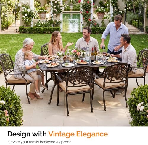 VINGLI 7 Pieces Outdoor Dining Set, Cast Aluminium All-Weather Patio Dining Set for 6 with Umbrella Hole, Outdoor Dining Table and Chairs with Cushion for Yard, Garden, Porch and Poolside, Bronze - Image 6