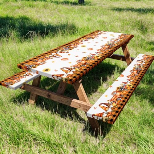 Fall Picnic Table Cover with Bench Covers, Camping Essentials, Thanksgiving Buffalo Plaid Floral Waterproof Windproof, Fitted Tablecloth Cover with Elastic Edge, Indoor & Outdoor, 3 PCS, 30x60 Inch by Xguatan