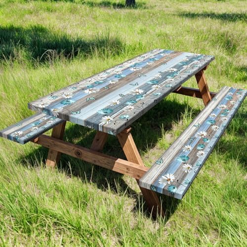 Floral Picnic Table Cover with Bench Covers, Camping Essentials, Wooden Flower Butterfly Waterproof Windproof, Fitted Tablecloth Cover with Elastic Edge, for Indoor, Outdoor, 3 PCS, 30x60 Inch - Image 2