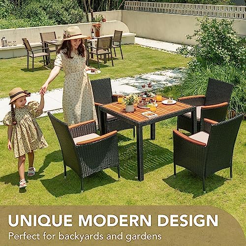 Devoko 5 PCS Acacia Wood Patio Dining Set, Black Rattan - Image 3