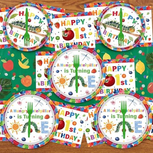 Gameza Caterpillar 1st Birthday Party Decorations, 96PCS Green Caterpillar Theme Disposable Paper Plates and Napkins Tableware Decorations, A Hungry Green Insect Is Turning One Forks Decor Serve 24 - Image 5
