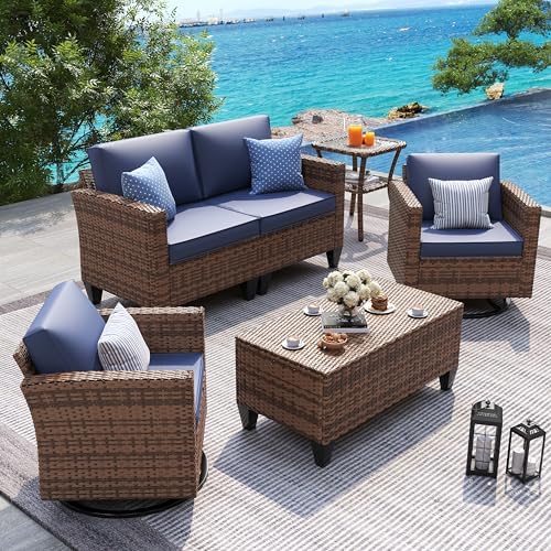UDPATIO Patio Furniture Set, 5 Pieces Outdoor Wicker Furniture Set with Swivel Rocking Chairs Storage Table and Waterproof Covers for Backyard, Deck, Porch, Navy by UDPATIO