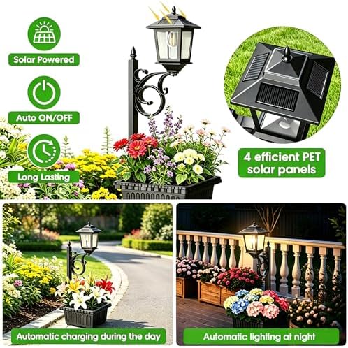 2 Pack 2-in-1 Outdoor Flower Pots, Solar Post Lamps Waterproof, Solar Lamp Post Lights, Wall Mount or Freestanding, Outdoor Decorative Lamp for Garden, Patio, Front Porch, Back Door, Warm White - Image 4