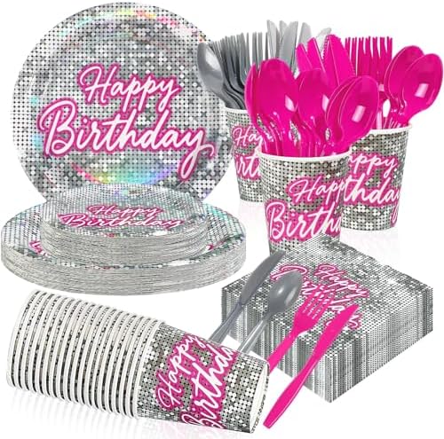 168 Pcs Hot Pink Disco Theme Party Decorations Serves 24 by Greencian