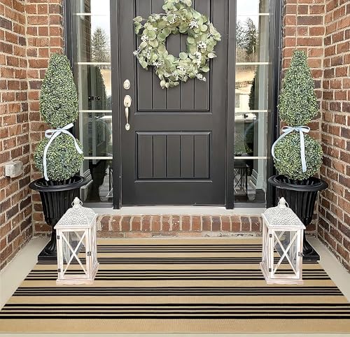 Outdoor Rug 3'x 5',Black and Tan Striped Area Rug Fall Front Porch Mat - Image 7
