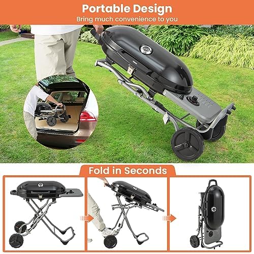 Giantex Portable Propane Gas Grill with 15,000 BTUs Burner, Side Table, 2 Wheels, Grease Tray, Metal Frame, Folding Stand-Up Propane Gas Grill for Outdoor Cooking Camping Barbecue (Black) - Image 4