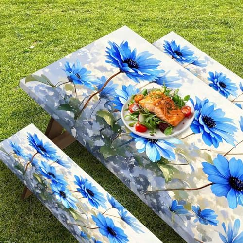 CAPSCEOLL Fitted Picnic Table Cover with Bench Covers 8ft - Blue Flowers - Image 5