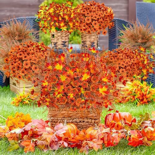 64Pcs Fall Flowers Outdoor Faux Fall Flowers Plants UV Resistant Autumn Artificial Plastic Flowers Greenery Fall Decoration for Outside Home Porch Patio Thanksgiving Decoration - Image 4