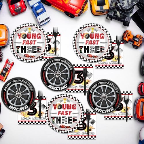 96PCS Race Car Themed 3rd Party Paper Plates and Napkins and Forks Set Young Fast Three Party Tableware Racing Checkered Flag Disposable Dinnerware for Kids Birthday Gatherings Decorations - Image 5