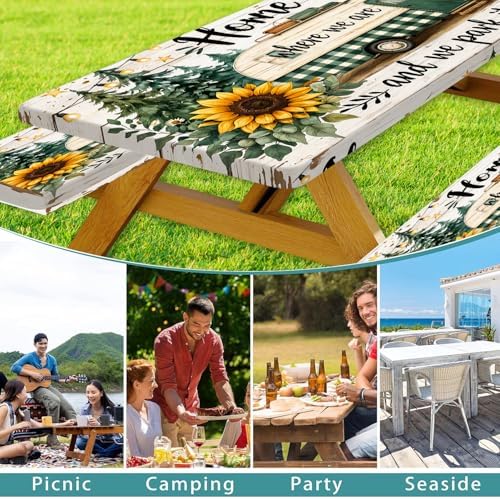 Picnic Table Cover with Bench Covers Camping Essentials Green Checkered RV Forest Sunflower Wooden Outdoor Table Covers with Elastic Waterproof Camping Tablecloth for Indoor & Outdoor 3 PCS 30x72 Inch - Image 4