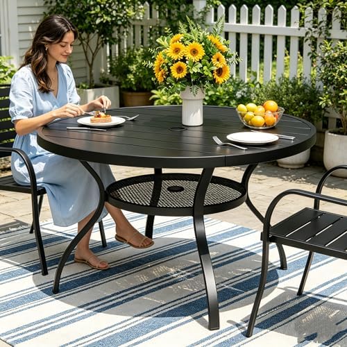 SUNCROWN 42 Inch Round Outdoor Patio Dining Table, All Weather Black Metal Steel Slat Table with 1.5" Umbrella Hole, Weather Resistant Outside Furniture for Lawn Garden Backyard Porch - Image 4
