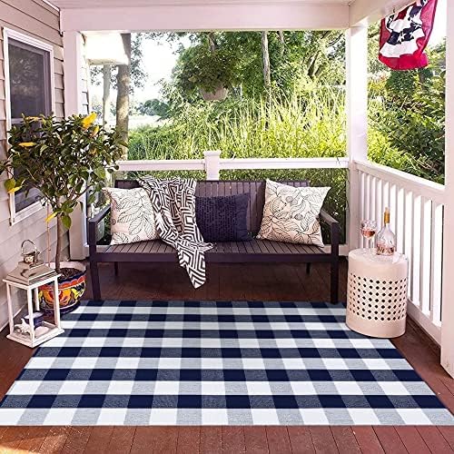 SEEKSEE Buffalo Plaid Rug 4' x 6' Navy Blue and White Large Front Door Mat, Layering Area Rug, Washable Rug for Outdoor Patio Entryway Indoor Living Room Kitchen Dining Room Decor - Image 6