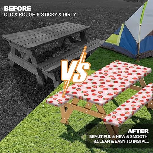 Strawberry Picnic Table Cover with Bench Covers and Bag, Camping Essentials, Berry Waterproof Windproof, Fitted Tablecloth Cover with Elastic Edge for Outdoor Garden 3 PCS 30x72 Inch - Image 5