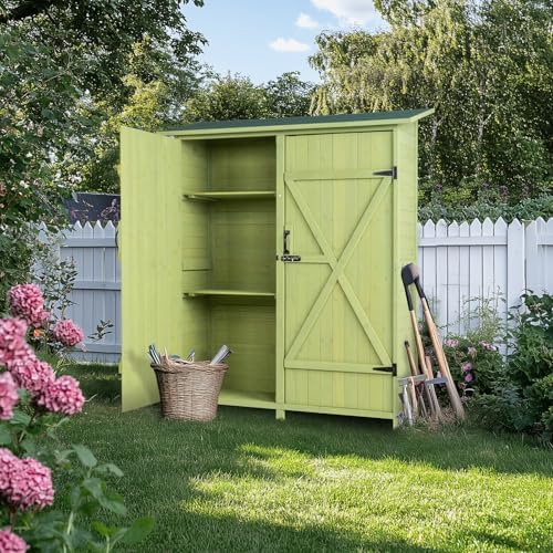 VINGLI Upgraded Outdoor Wooden Storage Shed, Extra Large Garden Shed Outside Tool Cabinet with 2 Safety Latches, Patio Storage Organizer for Garden Yard Lawn Equipment, Light Green - Image 3