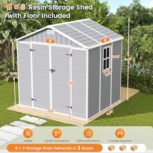 UDPATIO Resin Storage Shed 8x6 FT Plastic Outdoor Sheds with Floor, Gray - Image 2