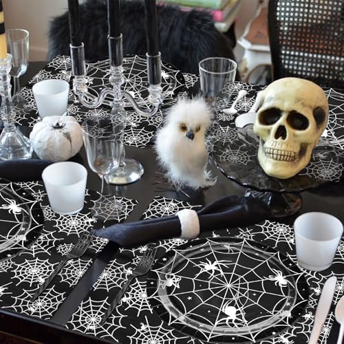 96 Pieces Halloween Spider Web Tableware Set Party Supplies – Disposable Plates, Napkins, and Forks, Black and White Spider Design for Halloween Haunted House Trick or Treat Event, Serves 24 Guests - Image 6