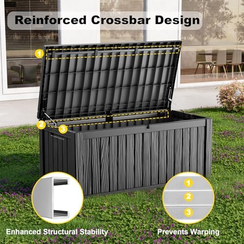 150 Gallon Waterproof Outdoor Storage Box, UV Resistant Resin Deck Box with Hydraulic Rod for Reinforced Stability, Perfect for Patio, Garden, and Pool, Striped Black - Image 4
