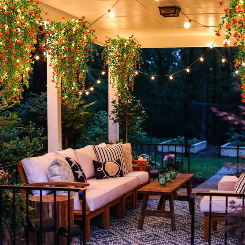 RECUTMS Artificial Plant, 3 Pack Hanging Plants with 30 LED Lights, 11.5in Eucalyptus, Orange Red, Indoor Outdoor Decoration - Image 4