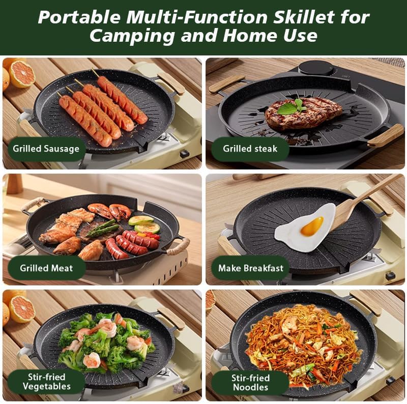 Double Ear Non Stick Baking Tray, 12.6-Inch Portable Outdoor Barbecue Plate, Breakfast Frying Pan with Automatic Oil Filter, Circular Large Cooking Surface, Versatile for Stoves, PFOA Free (Black) - Image 7
