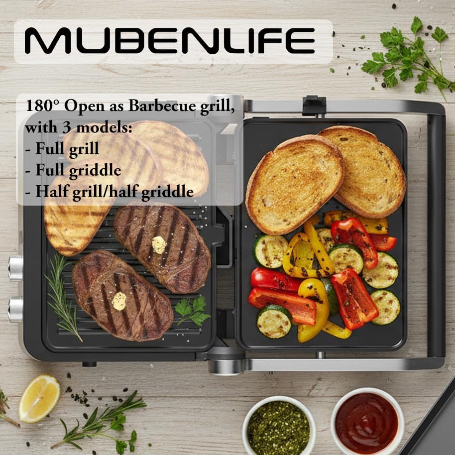 Panini Press,4 Slices Contact Grill with Removable Non-Stick Coated Grill and Flat Plates,Panini Makers with Temperature Control and Timer,Open 180 Degrees,Grill and Griddle (Silver with digital) - Image 4