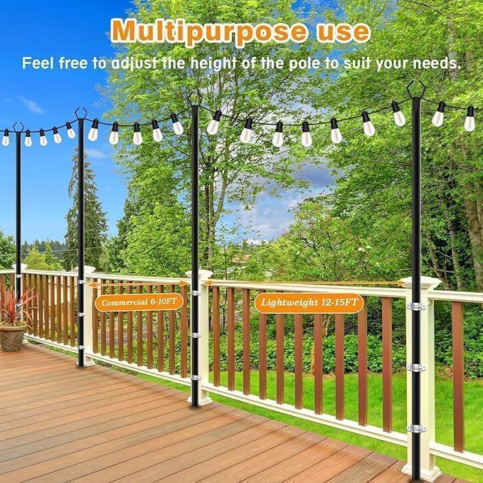 LETIANPAI 10Ft String Light Poles 2 Pack,Light Poles for Outside Lights,Outdoor with Fence Brackets Hanging Lights,Metal Stand Deck Patio Backyard - Image 6
