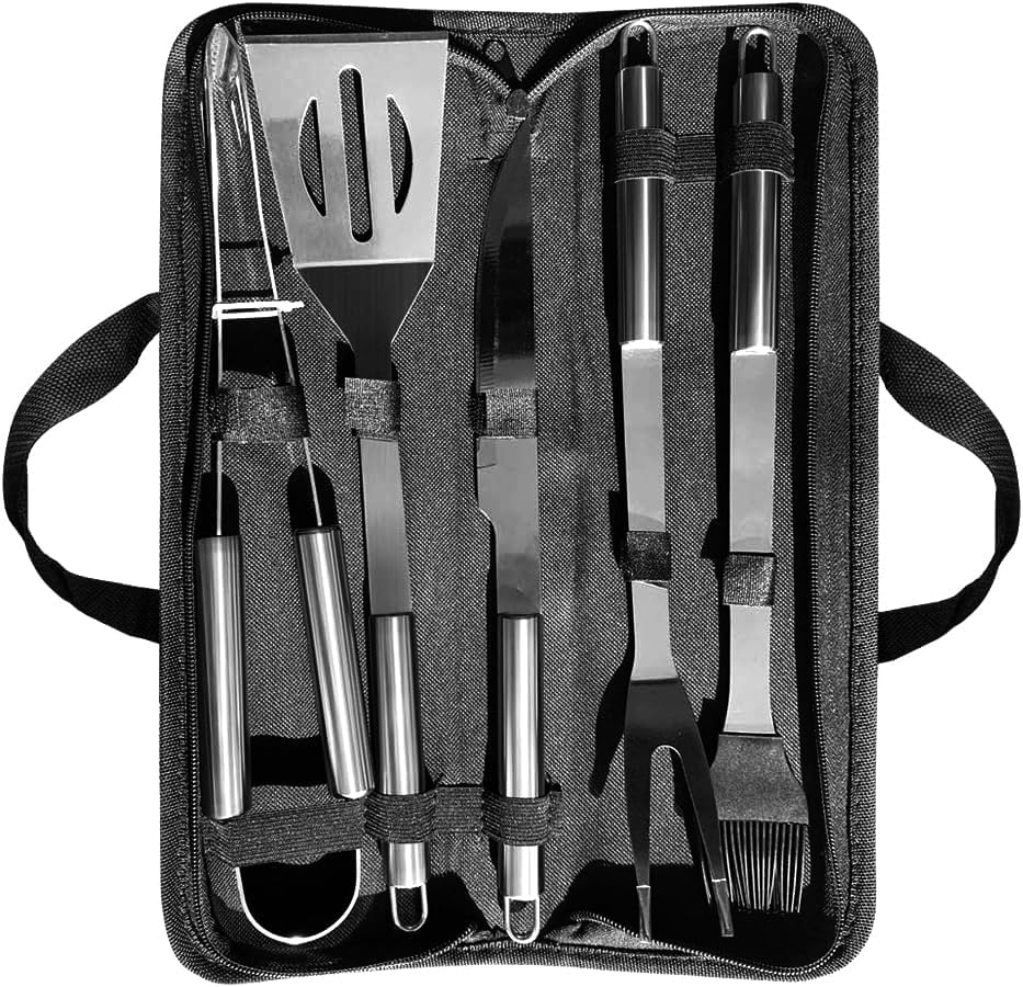PTAPIPI 5-Piece Stainless Steel Grill Tool Set with Carry Bag – BBQ Utensils for Him, Young Men, Camping & Tailgating, Budget-Friendly Barbeque Gift by Unknown